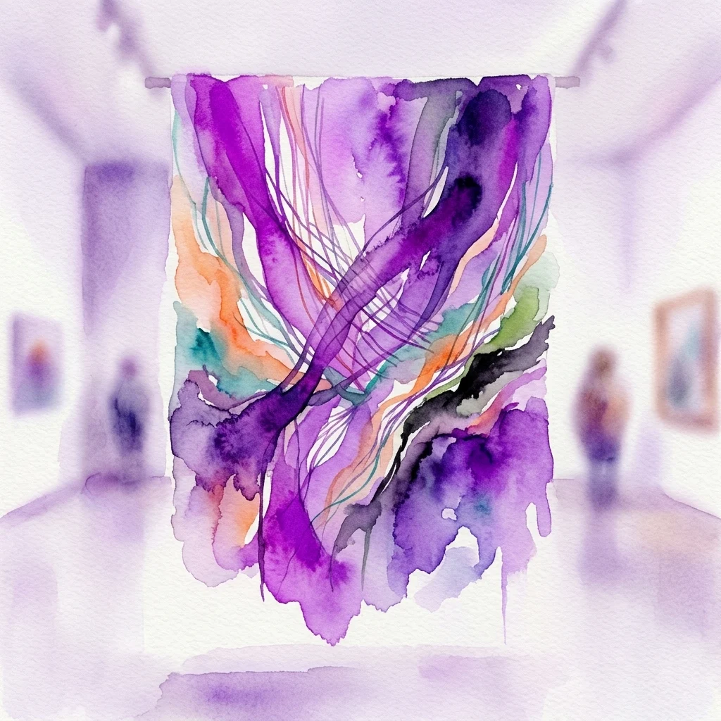Un vibrante tapiz abstracto en púrpura, naranja y verde cuelga en una galería, representando la exposición 'Collective Weaving' de Rosa Smits en el Museum Het Schip.