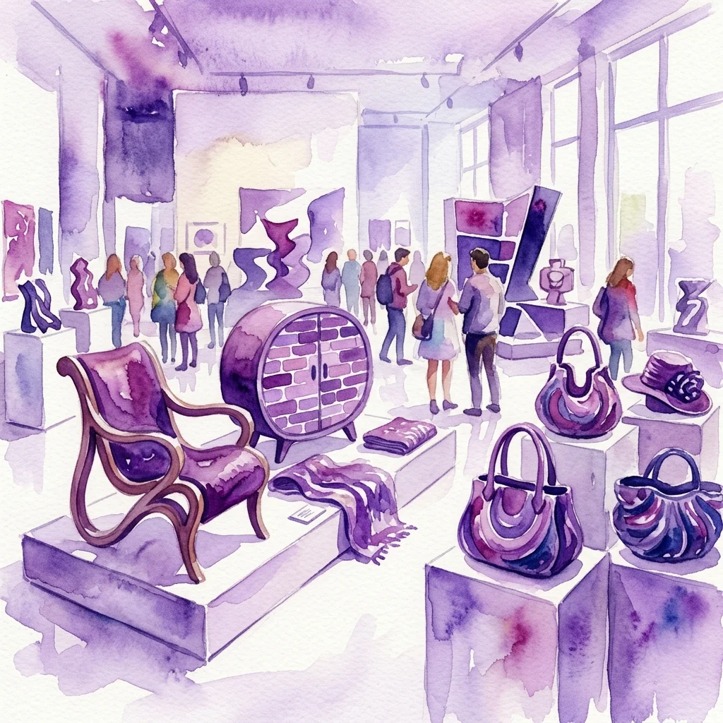 Ilustracja akwarelowa wystawy muzealnej prezentującej meble, torby i kapelusze zaprojektowane przez studentów, inspirowane stylem amsterdamskim (Amsterdam School), wystawione w galerii z odwiedzającymi oglądającymi dzieła sztuki.