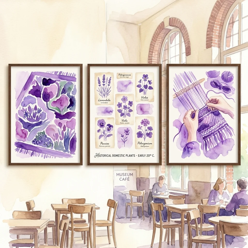 A triptych of watercolor artworks in a museum cafe: a tufted carpet design, historical domestic plants from the early 20th century, and hands crafting textiles, all part of Rosanne Speet's 'Sfeer verzorgen' exhibition at Museum Het Schip.