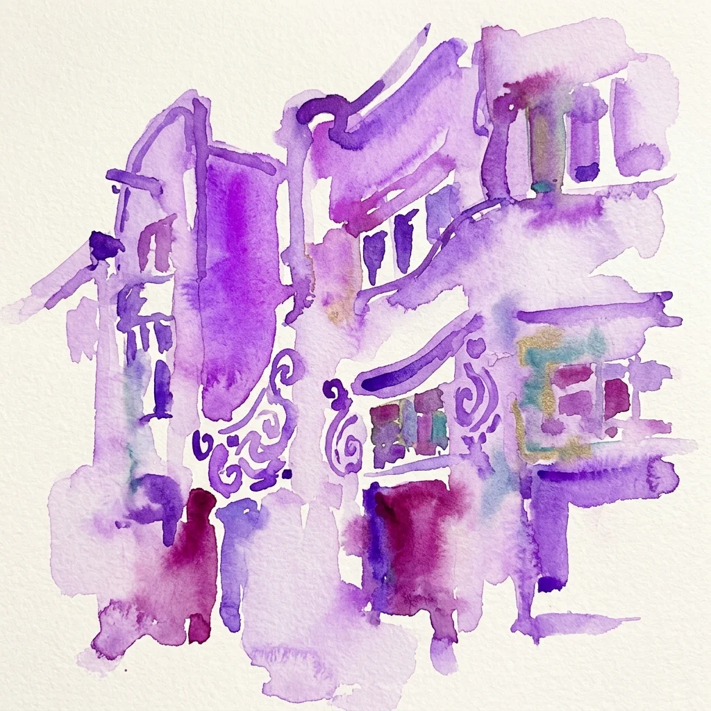 Ilustracja akwarelowa w odcieniach fioletu przedstawiająca styl architektoniczny Szkoły Amsterdamskiej, z ozdobnym murarstwem i elementami dekoracyjnymi charakterystycznymi dla budynków z początku XX wieku w Groningen.