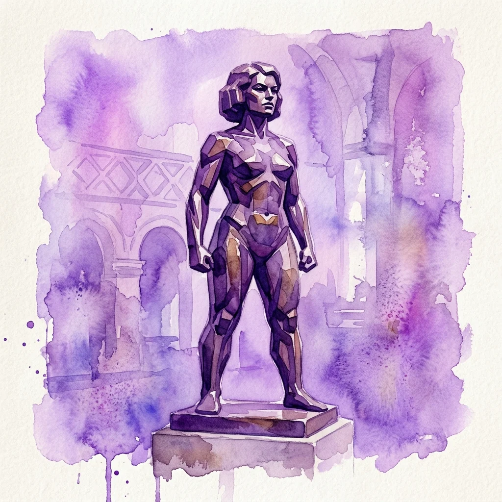 Ilustración en acuarela de una escultura de bronce de una mujer decidida en un estilo geométrico y angular, que recuerda a la Escuela de Ámsterdam, expuesta en el Museum Het Schip.