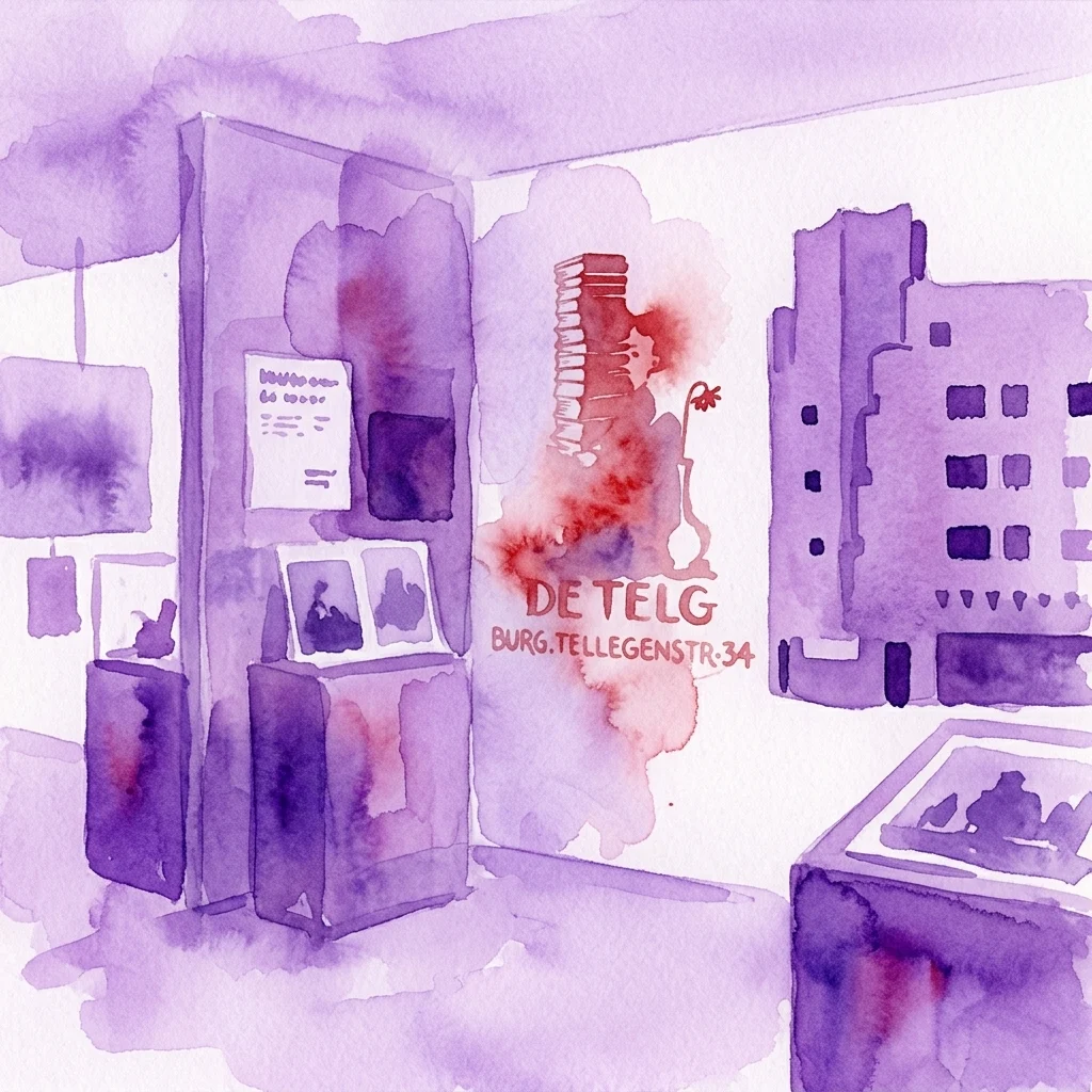 Waterverfillustratie van een tentoonstellingsopstelling met historische publicaties en foto's over de clandestiene oorlogspublicatie 'De Telg' in Museum De Dageraad.
