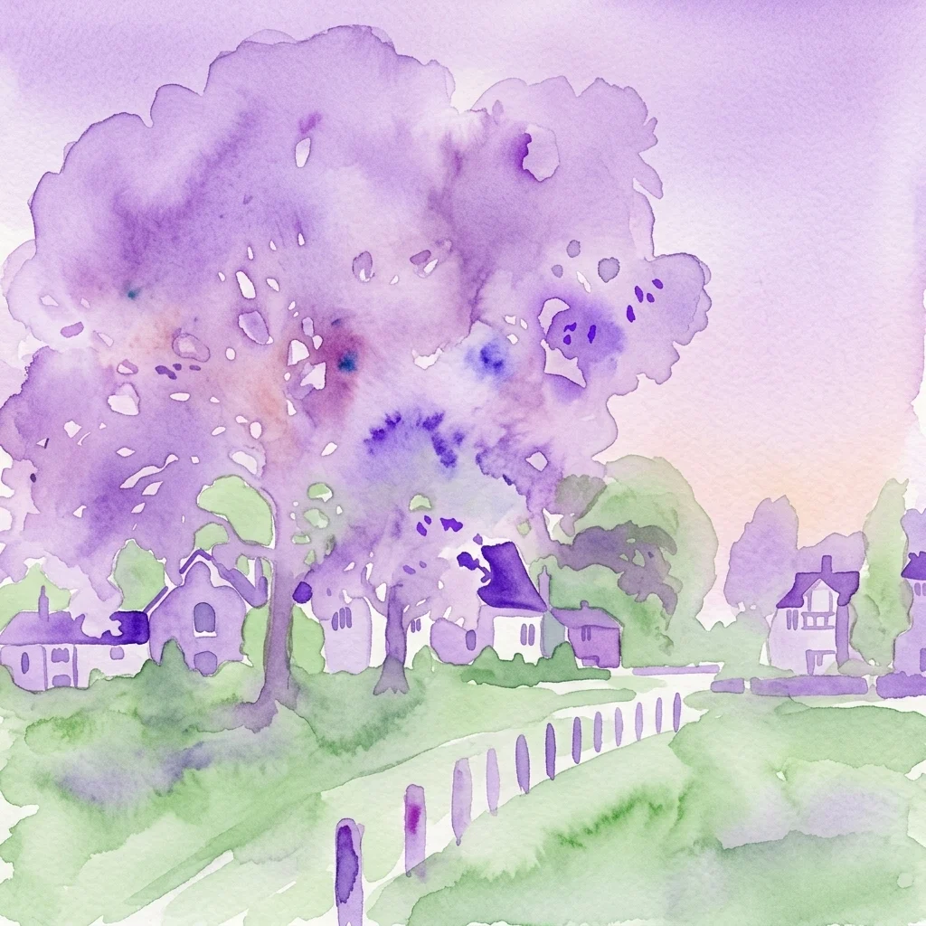 Ilustracja akwarelowa miasta-ogrodu z drzewami w purpurowych odcieniach, zielonymi krajobrazami i domami w stylu amsterdamskim, symbolizująca harmonijne planowanie urbanistyczne i integrację z naturą.