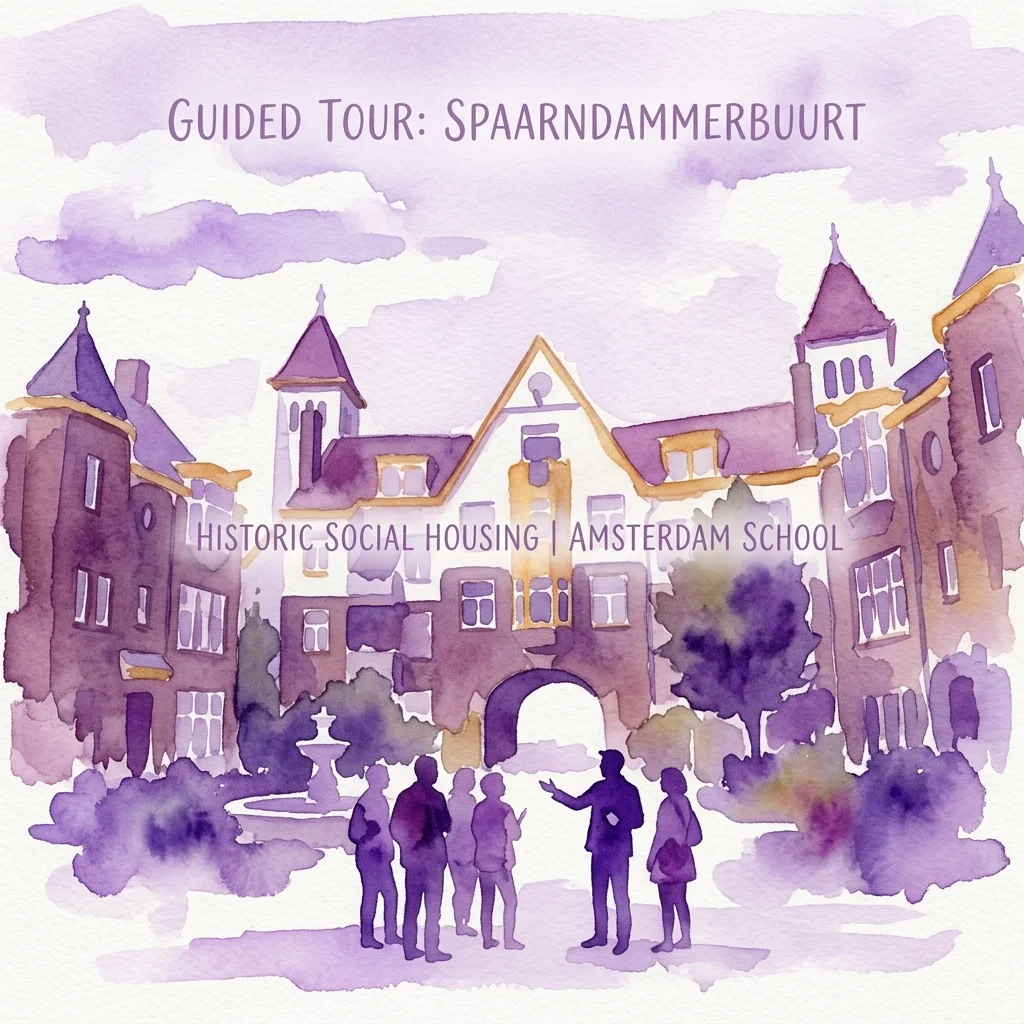 Ilustracja akwarelowa wycieczki z przewodnikiem po dzielnicy Spaarndammerbuurt, prezentująca zabytkowe budynki socjalne w stylu Amsterdam School z grupą ludzi słuchających przewodnika.