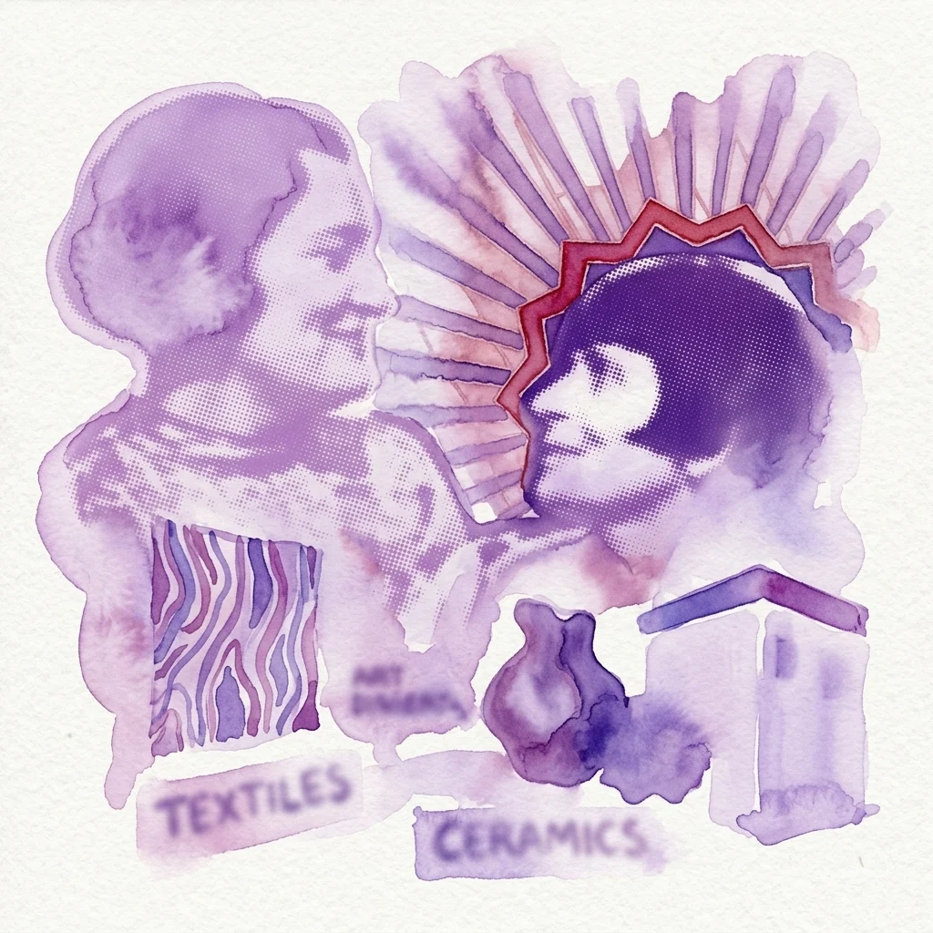 Una ilustración en acuarela en tonos púrpuras y rojos que presenta siluetas de dos figuras, textiles, cerámica y maquetas arquitectónicas, representando la exposición Unseen Talent: Women of the Amsterdam School.