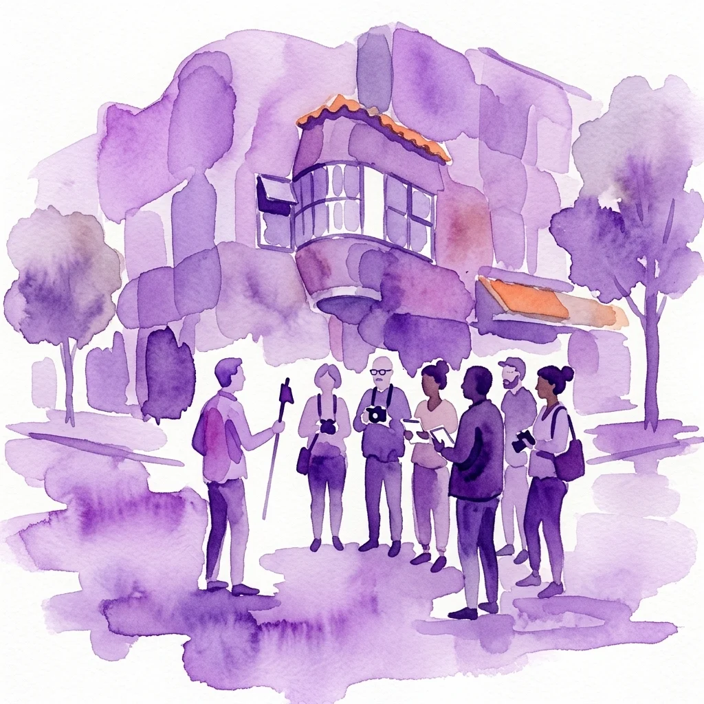 Una ilustración en acuarela de un recorrido guiado a pie por Plan Zuid en Ámsterdam, con un grupo de personas escuchando a un guía frente a un edificio de estilo de la Escuela de Ámsterdam.