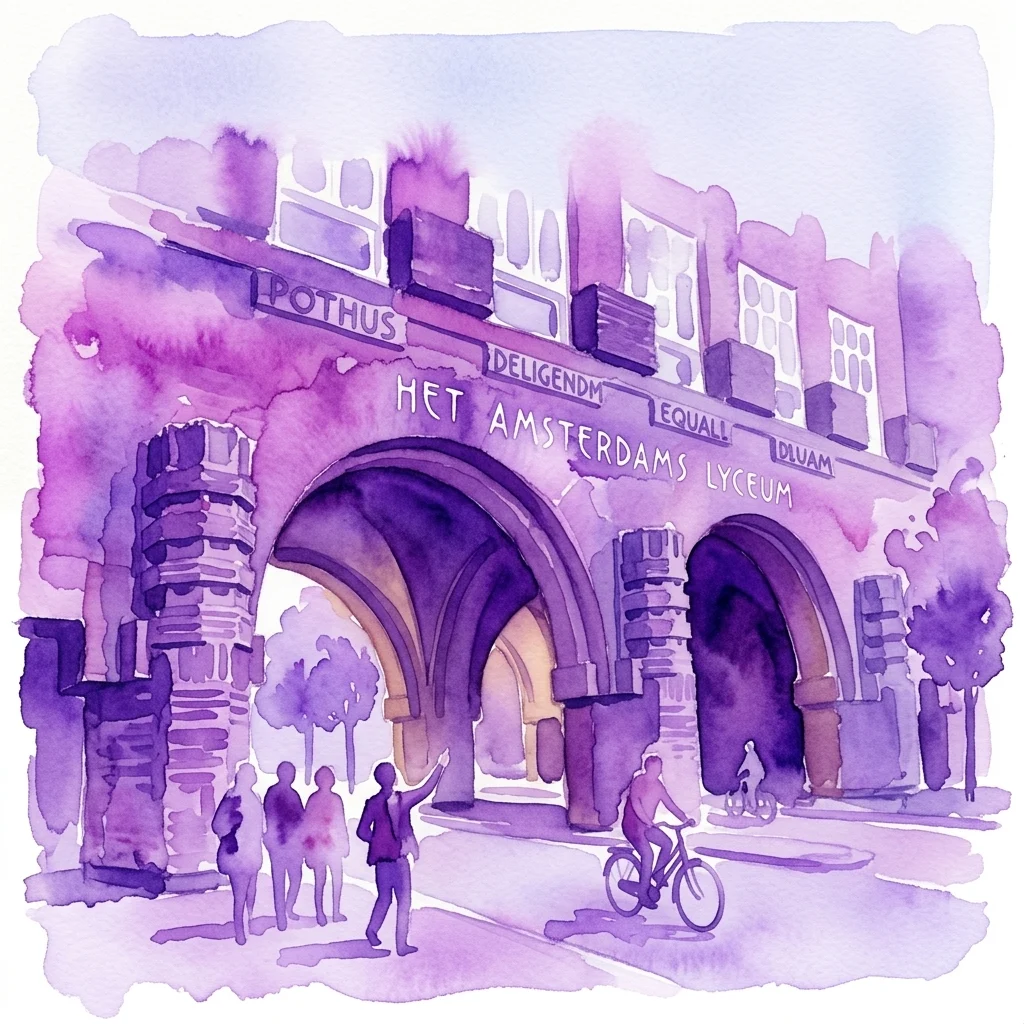 Ilustracja akwarelowa Het Amsterdams Lyceum, prominentnego budynku w stylu amsterdamskim w Plan Zuid, z ludźmi spacerującymi i jeżdżącymi na rowerach przed nim pod czystym niebem.