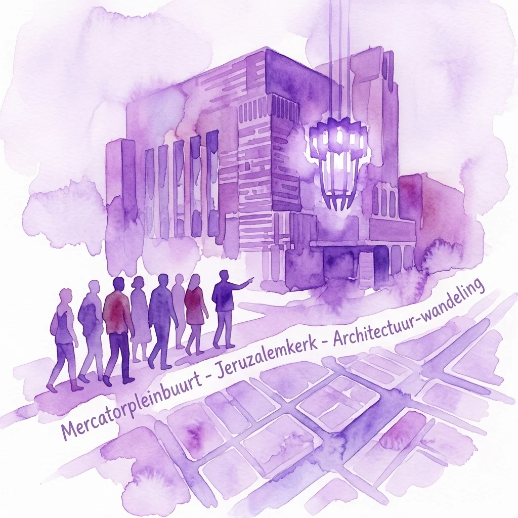 Fioletowa akwarelowa ilustracja spaceru z przewodnikiem po amsterdamskiej dzielnicy Mercatorpleinbuurt, przedstawiająca grupę ludzi idących w kierunku kościoła Jeruzalemkerk z podkreślonymi detalami architektonicznymi.