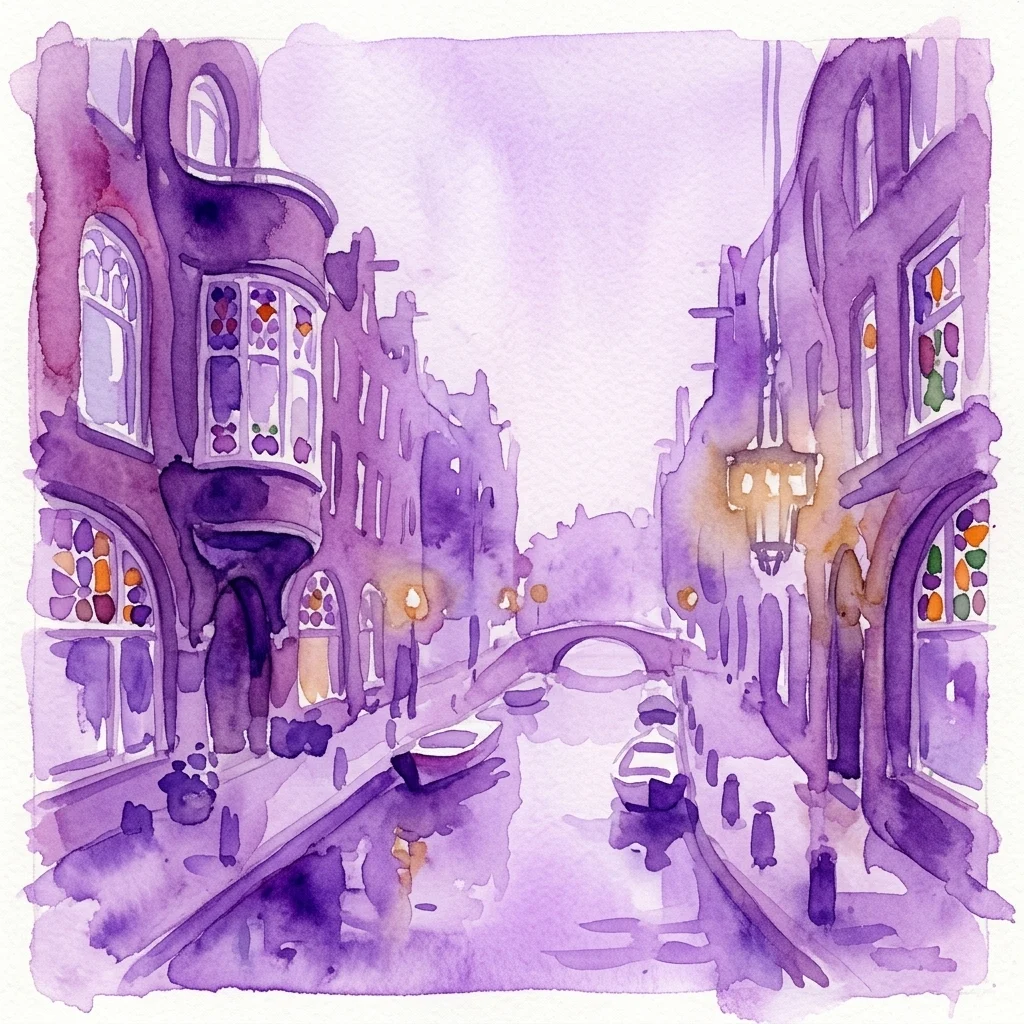 Ilustracja akwarelowa ulicy kanałowej w amsterdamskiej dzielnicy Mercatorpleinbuurt, charakteryzująca się charakterystyczną architekturą Szkoły Amsterdamskiej z zakrzywionymi formami, ozdobnymi oknami i mostem, wykonana w fioletowych odcieniach.