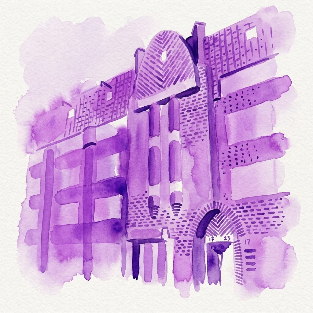 Watercolor illustration of an Art Deco apartment building with intricate brickwork and whimsical architectural details, representing Michel de Klerk's Amsterdam School designs.