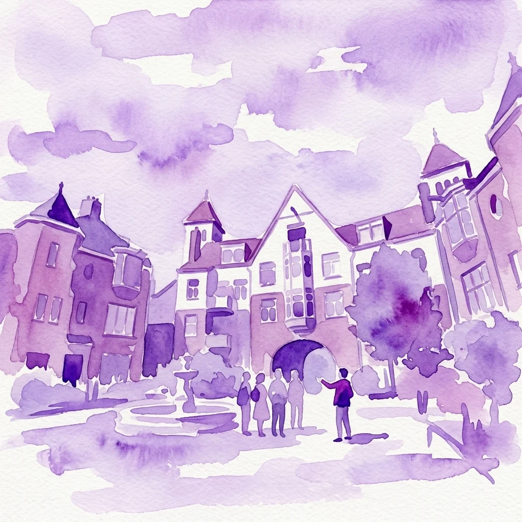 Una ilustración en acuarela de un recorrido guiado a pie por el barrio de Spaarndammerbuurt en Ámsterdam, que muestra edificios históricos de viviendas sociales con un grupo de personas escuchando a un guía.