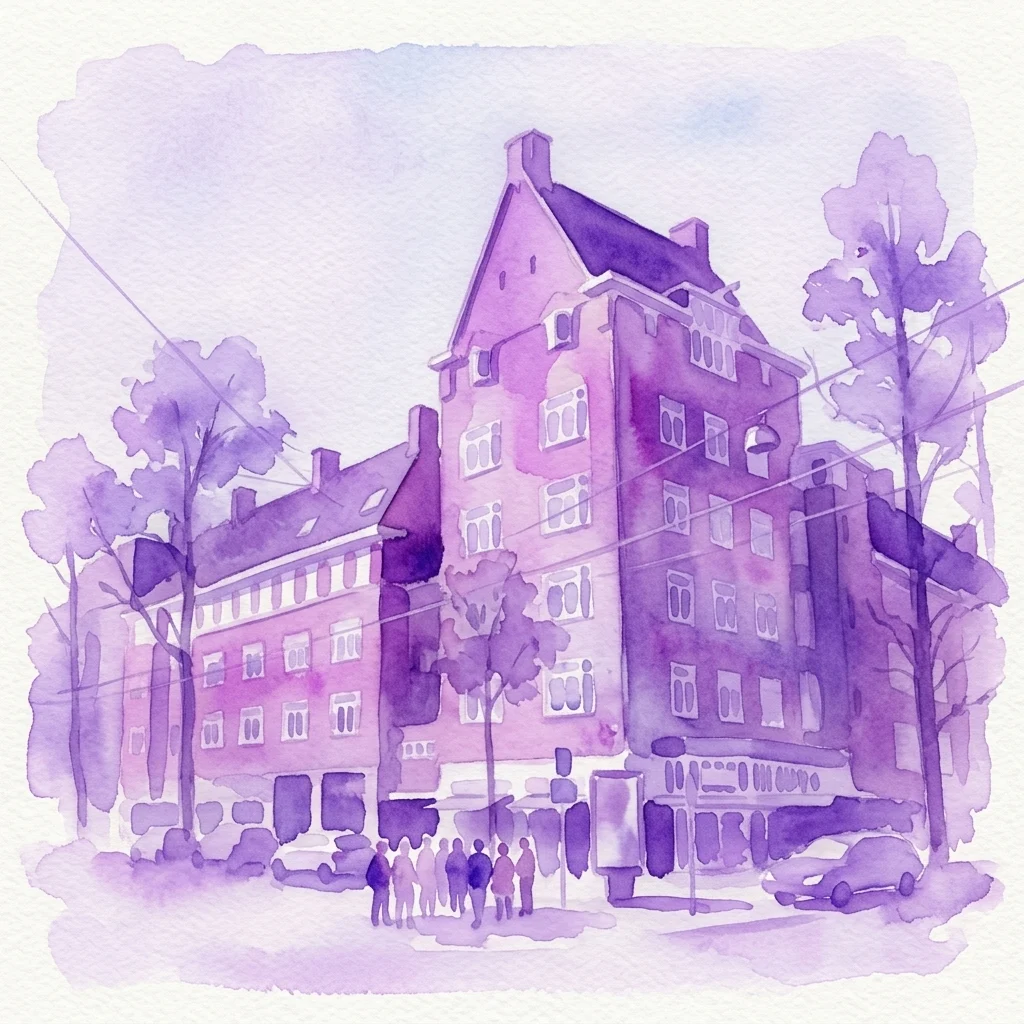 Ilustracja akwarelowa grupy ludzi podczas spaceru z przewodnikiem po dzielnicy Beethovenstraat, prezentująca architekturę stylu amsterdamskiego ze szczegółowymi fasadami i projektowaniem urbanistycznym.