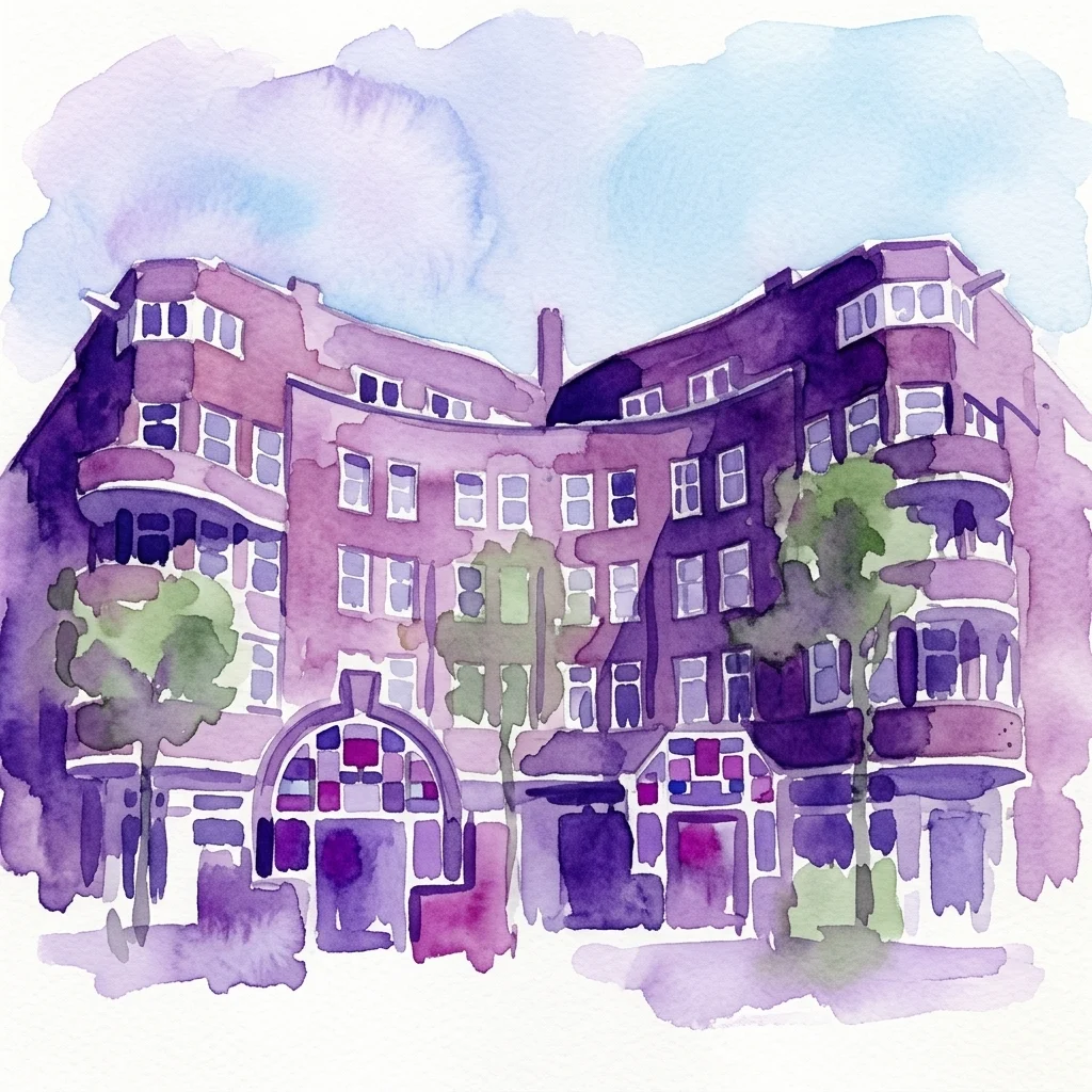 Waterverftekening van Amsterdamse School-architectuur in Plan Zuid, met gebogen gevels, decoratieve ramen en levendige paarse en roze tinten onder een zachte hemel.