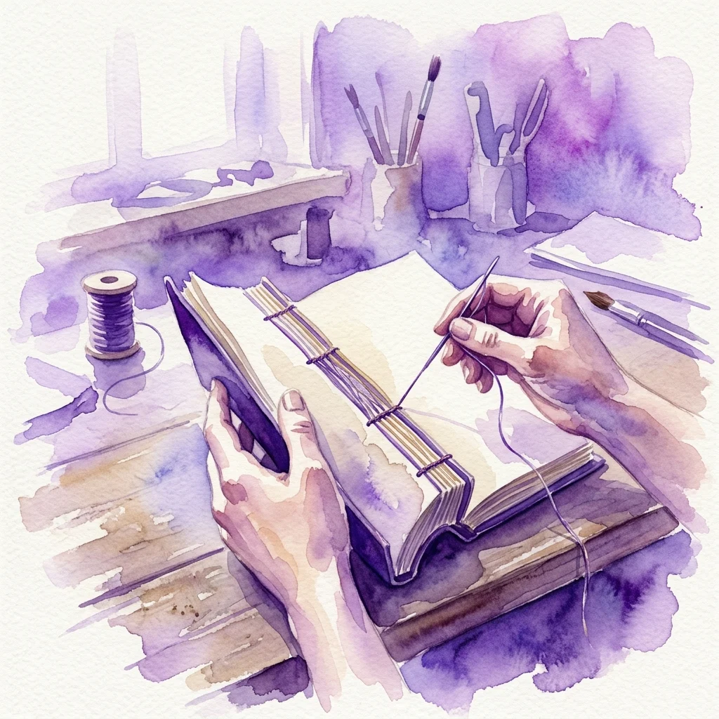 A watercolor illustration of hands binding a book using the Coptic stitch technique, with tools and materials on a wooden table in a workshop setting.
