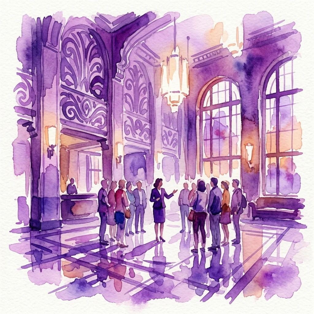 Watercolor illustration of a guided tour group in the grand Art Deco lobby of the Scheepvaarthuis, featuring ornate arches, chandeliers, and reflective floors.