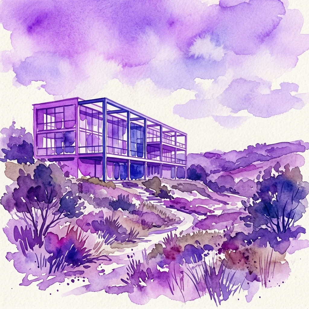 Ilustración en acuarela del sanatorio Zonnestraal, un edificio modernista de vidrio y acero, sobre un paisaje de brezales teñido de púrpura.