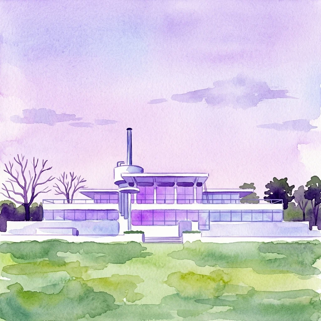 Ilustracja akwarelowa sanatorium Zonnestraal, modernistycznego budynku z białego betonu i dużymi szklanymi oknami, na tle krajobrazu zielonej wrzosowisk pod fioletowym niebem.