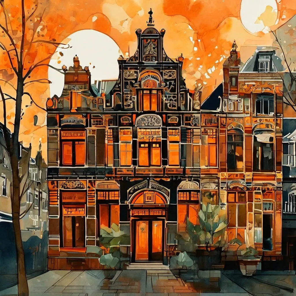 Een artistieke weergave van architectonische elementen uit de Amsterdamse Schoolstijl, vermengd met traditionele Indonesische patronen, die de culturele dialoog oproepen die in de tentoonstelling van Museum Het Schip wordt verkend.