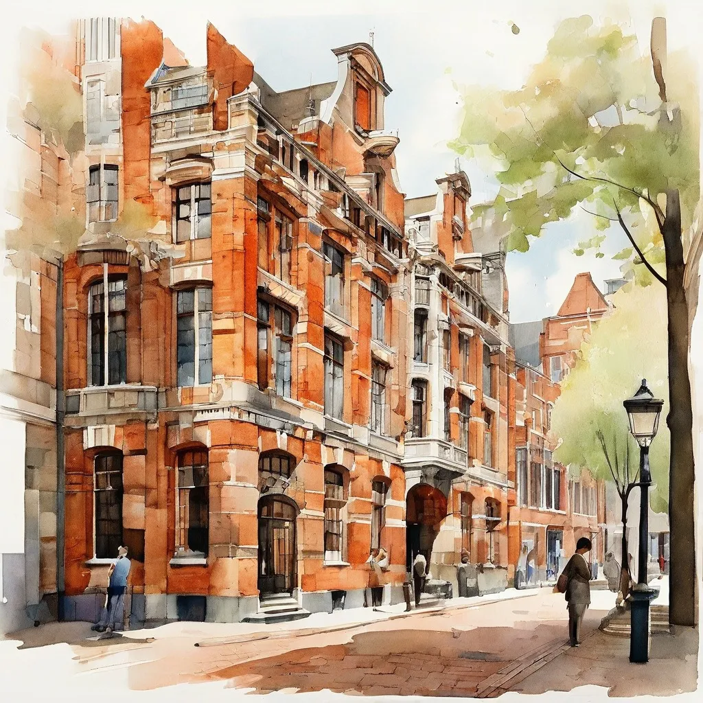 Una representación artística de la arquitectura única de la Escuela de Ámsterdam del Museo Het Schip, con énfasis en su sección de oficina postal histórica.