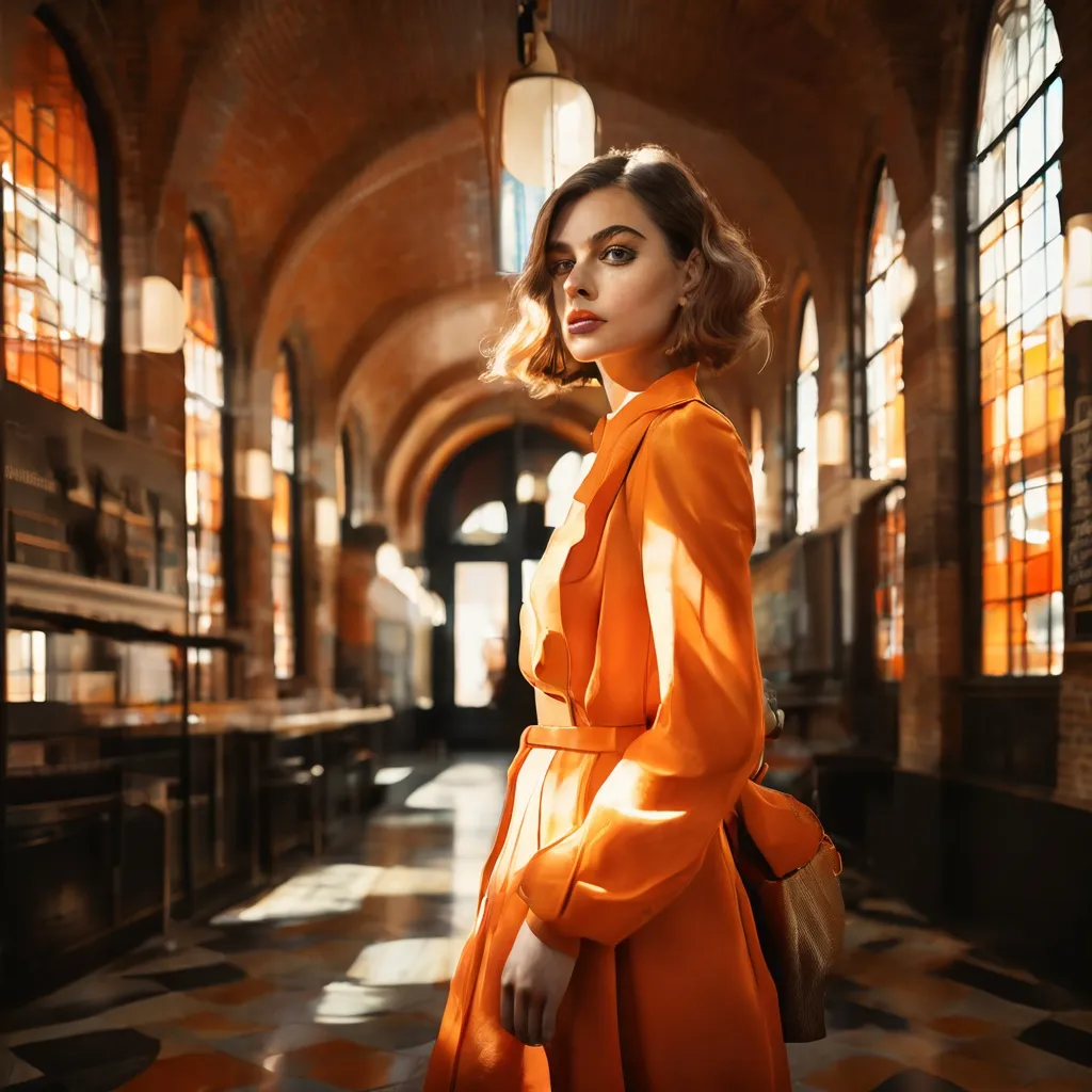 A stylized art image depicting the intricate brickwork and unique architectural details of Museum Het Schip's historic post office, as if seen in a high-fashion editorial.