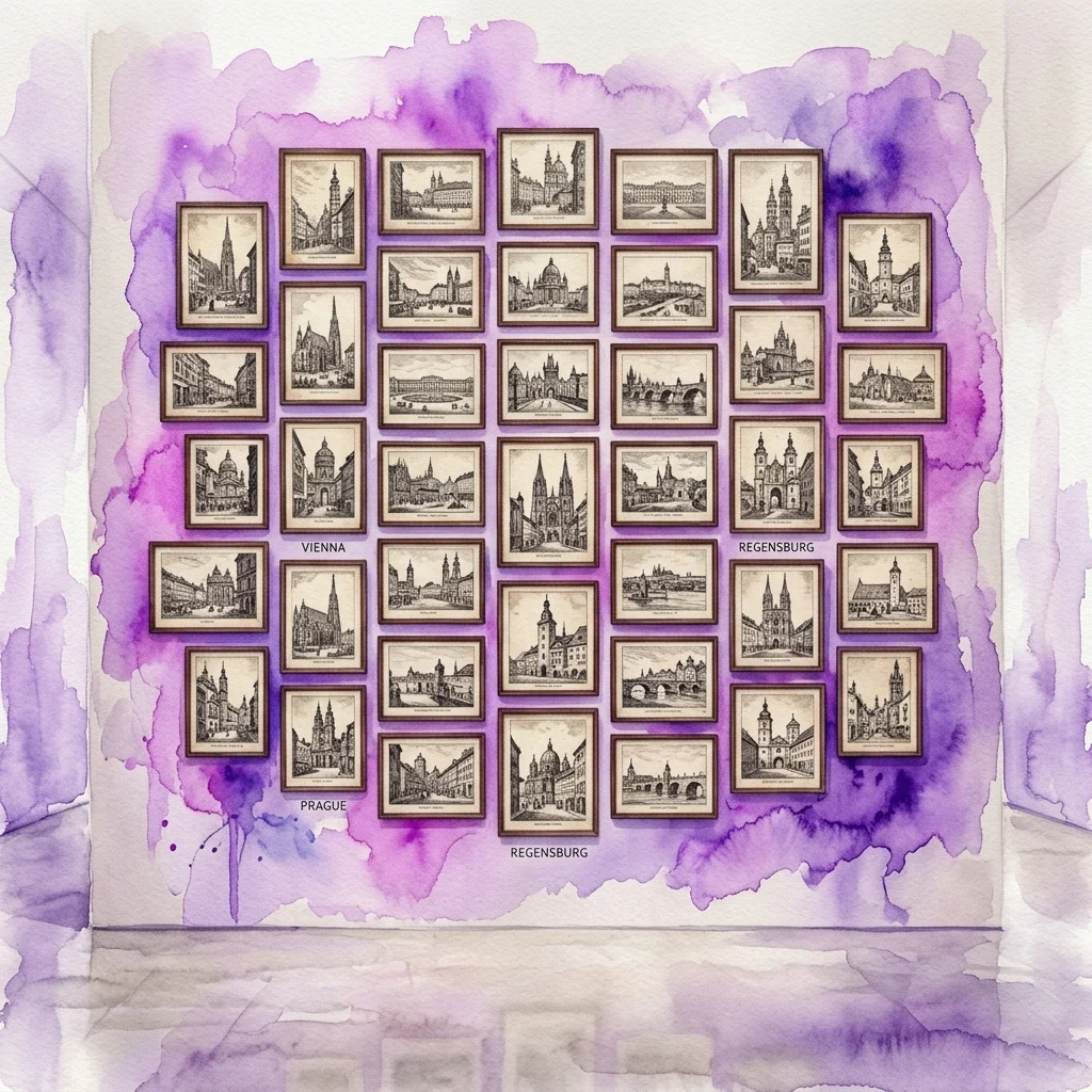 Una colección de 39 grabados de Emil Singer que representan paisajes urbanos de Viena, Ratisbona, Praga y otras ciudades europeas, expuestos en una cuadrícula sobre un fondo de acuarela morada.