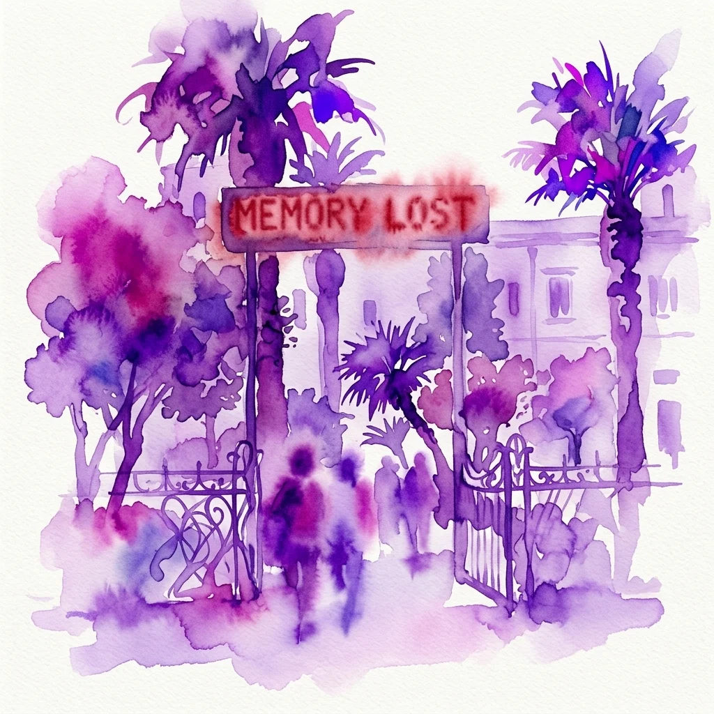 Ilustración en acuarela de una puerta con un letrero que dice 'MEMORY LOST', rodeada de follaje morado y rosa, simbolizando una exposición sobre el olvido.