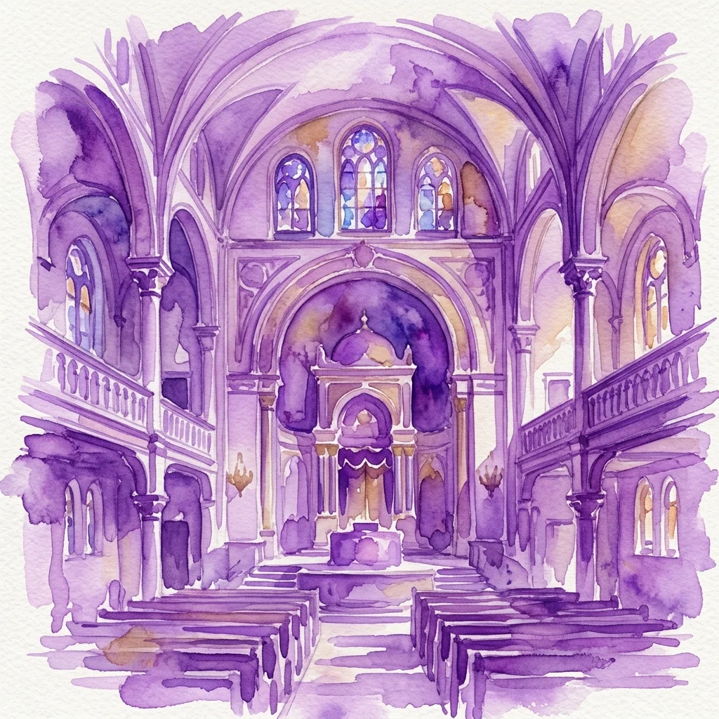 Una ilustración en acuarela del interior del Leopoldstädter Tempel, que muestra sus grandiosos techos abovedados, vidrieras y ornamentados detalles arquitectónicos en tonos púrpuras y dorados.