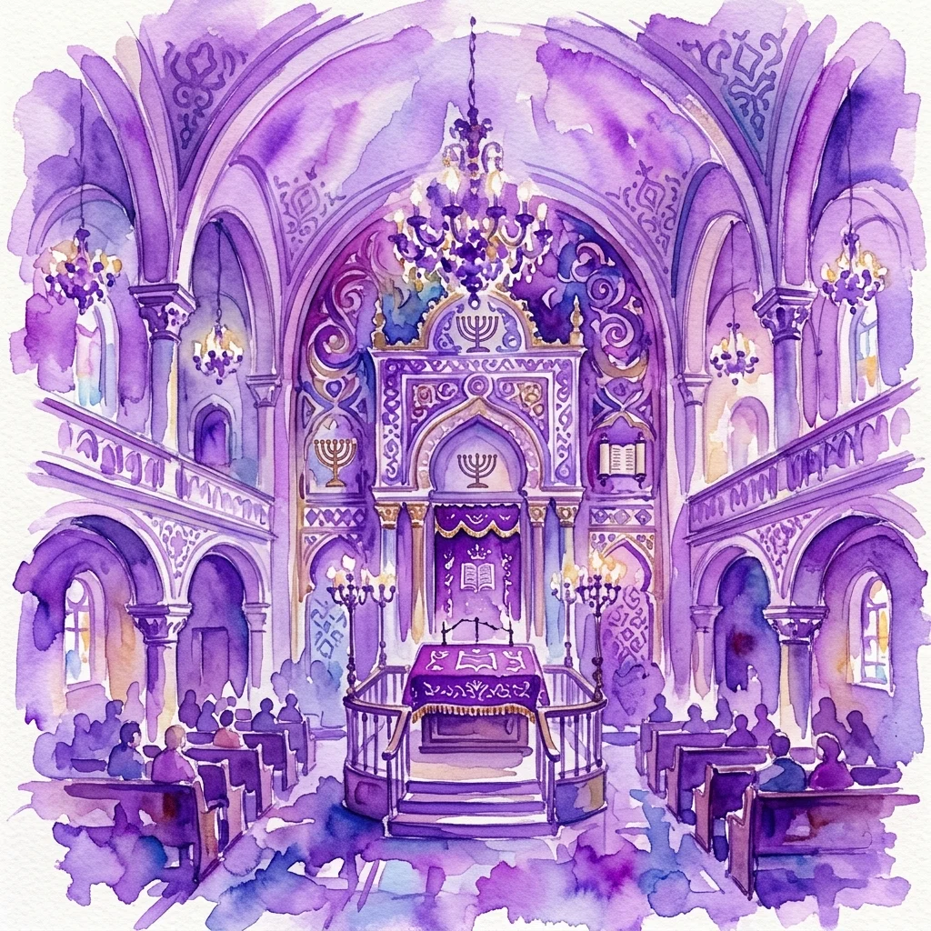 Waterverfillustratie van het sierlijke interieur van de Turkse Tempel synagoge in Wenen, met paarse bogen, kroonluchters en een centrale bima met een Thoraschrijn, die de historische Sefardische Joodse erfgoed weerspiegelt.