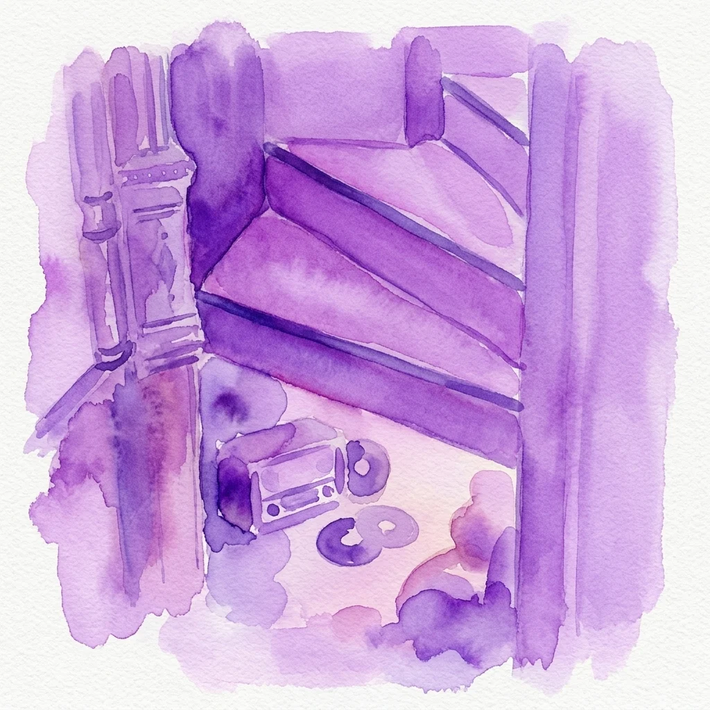 Una ilustración en acuarela de una habitación oculta a la que se accede por una escalera disimulada debajo de un armario, que contiene equipo de radio y discos antiguos, representando el refugio de un superviviente del Holocausto.