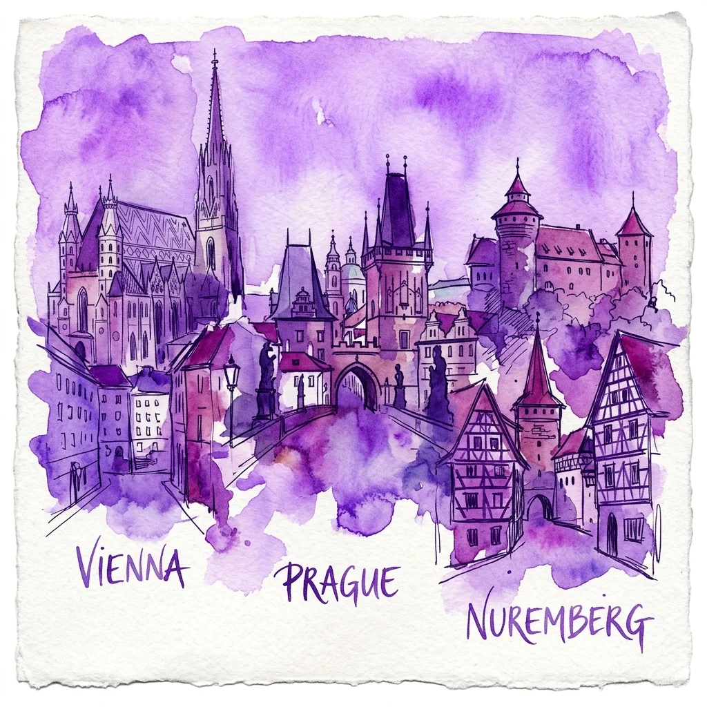 Una ilustración en acuarela de monumentos arquitectónicos de Viena, Praga y Núremberg, etiquetada en texto púrpura, que representa paisajes urbanos históricos europeos.