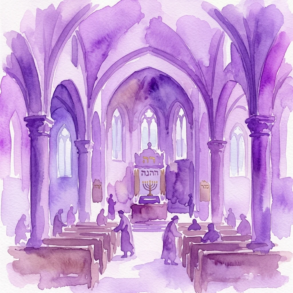 Ilustración en acuarela del interior de una sinagoga judía medieval con techos abovedados, columnas de piedra y fieles, que representa una reconstrucción histórica de la primera comunidad judía de Viena en los siglos XIII-XV.