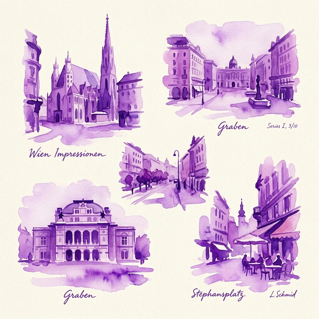Ilustraciones de acuarela púrpura de monumentos vieneses, como la Catedral de San Esteban, Graben y Stephansplatz, de la serie 'Wien Impressionen' de Emil Singer.