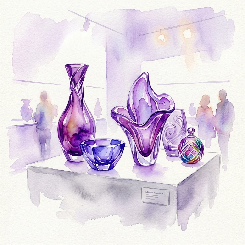 Una ilustración en acuarela de una exhibición de museo que presenta varias obras de arte de vidrio checo en tonos morado y azul, incluyendo jarrones y cuencos, con visitantes al fondo.