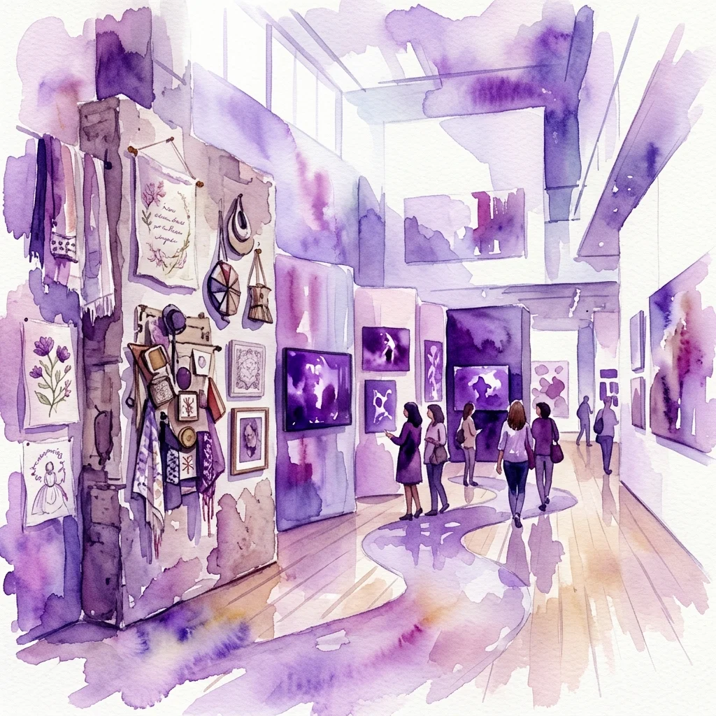 A watercolor illustration of a modern art gallery exhibition with purple-hued walls, featuring artworks, embroideries, and installations. Visitors walk through the space, viewing multimedia pieces in a contemplative atmosphere.