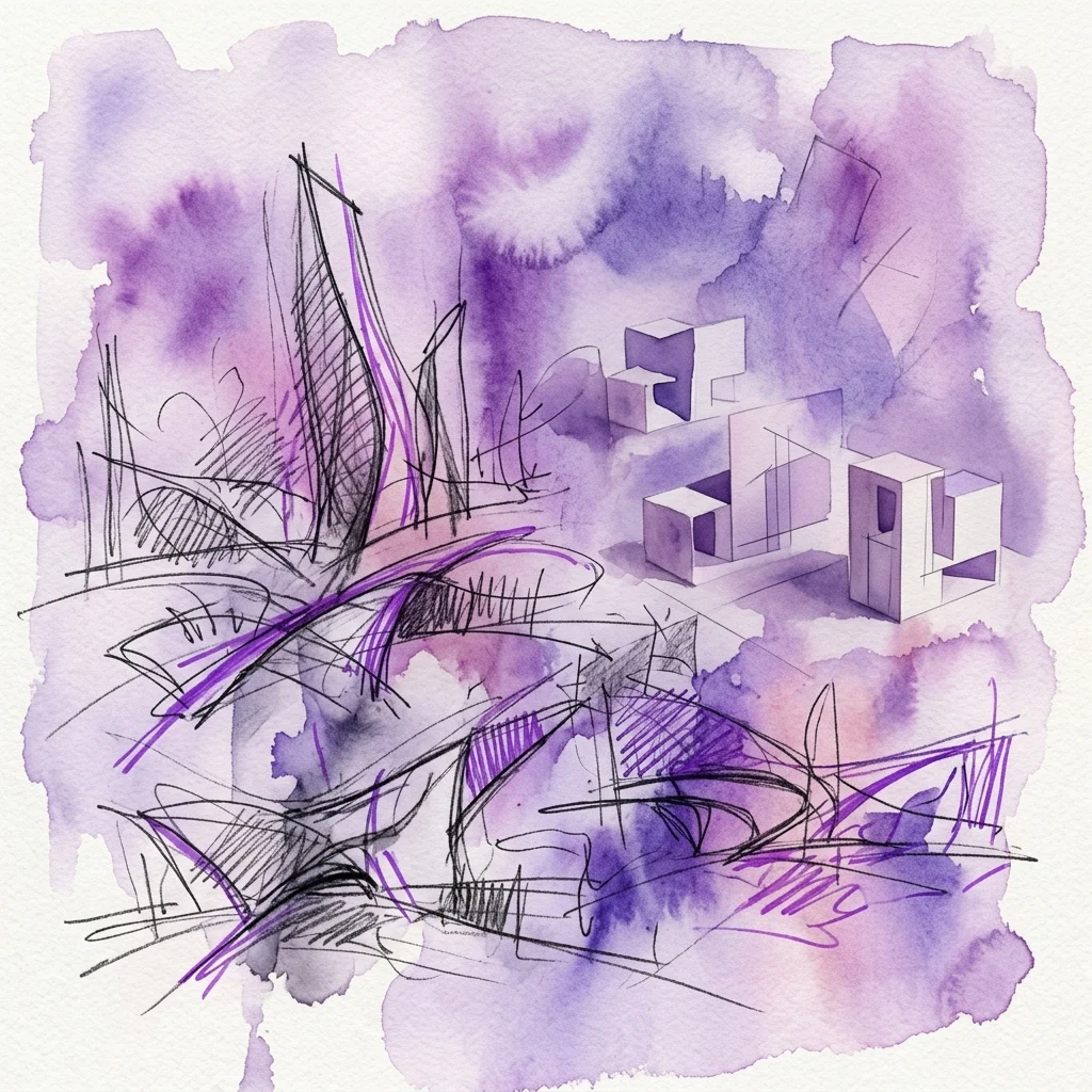 Architecturaal schetsontwerp van Alena Šrámková met abstracte gebouwen, paarse aquarel en zwarte lijnvoering, die conceptuele ontwerpideeën uitbeelden.
