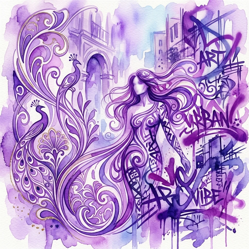 Żywy obraz łączący elegancję Art Nouveau ze street artem, przedstawiający falujące fioletowe linie, pawie i elementy graffiti miejskiego, reprezentujący fuzję Alfonsa Muchy i Pasta Onera.