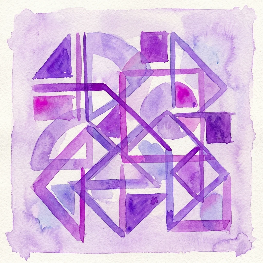 Abstract geometric artwork in purple and magenta watercolor, featuring interlocking lines and shapes that explore structure and form, from the exhibition 'Ambiguity of Structures / Dynamics of Forces' at Museum Kampa.