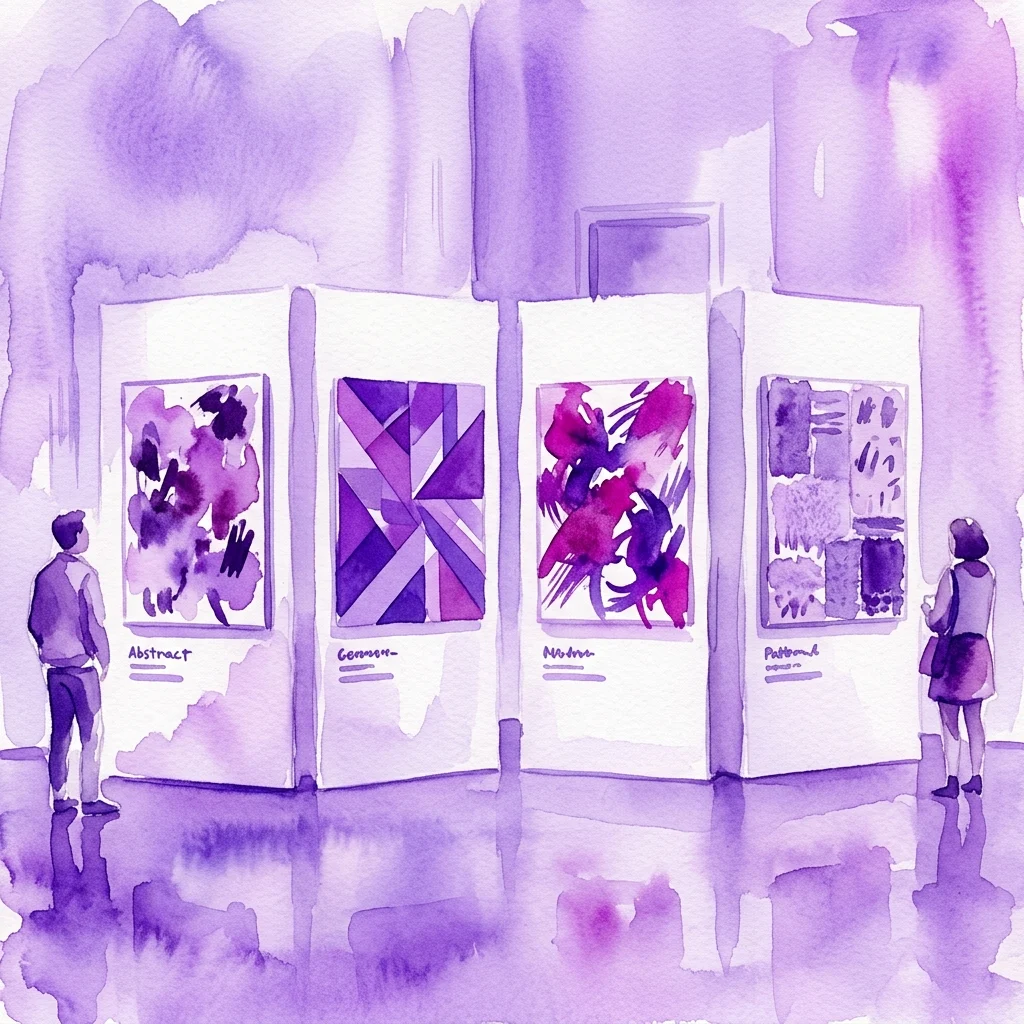 Waterverfillustratie van een kunstgalerie met vier abstracte kunstwerken op display, die de werken van de kunstenaars Boštík, Kolář, Moucha en Zeithamml uit de jaren 80 vertegenwoordigen, met bezoekers die de tentoonstelling bekijken.
