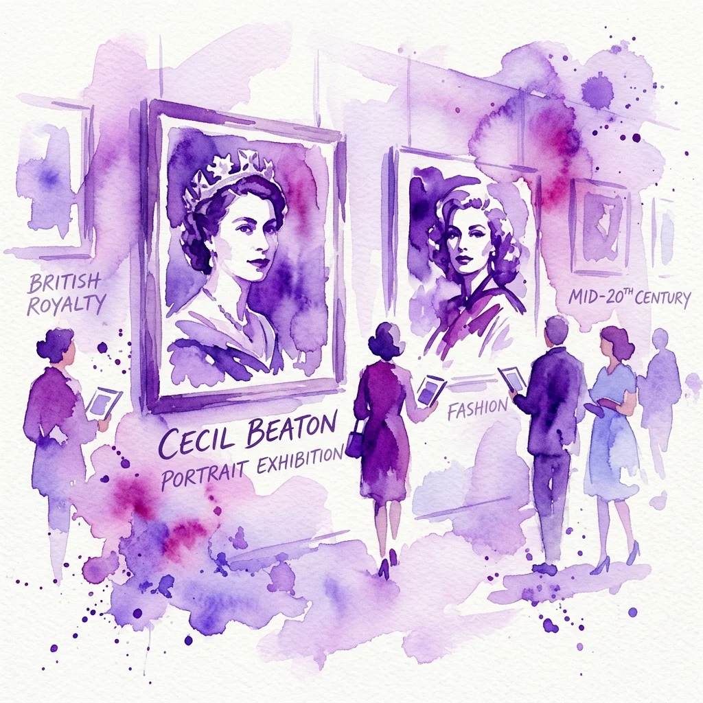 Ilustracja akwarelowa wystawy portretów Cecila Beaton w Muzeum Kampa, przedstawiająca zwiedzających oglądających wystawione dzieła sztuki, w tym portrety brytyjskiej rodziny królewskiej i postaci ze świata mody połowy XX wieku.