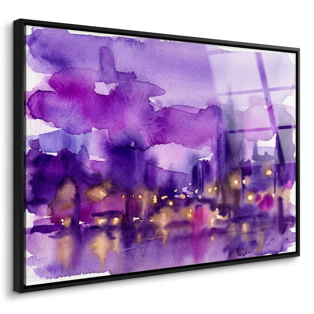 Una impresión de arte en resina de gran formato y alto brillo que representa un paisaje urbano al anochecer en vibrantes tonos de acuarela morados y dorados, parte de la exposición cityLOVE de Jana Jabůrková y Jiří Turek.