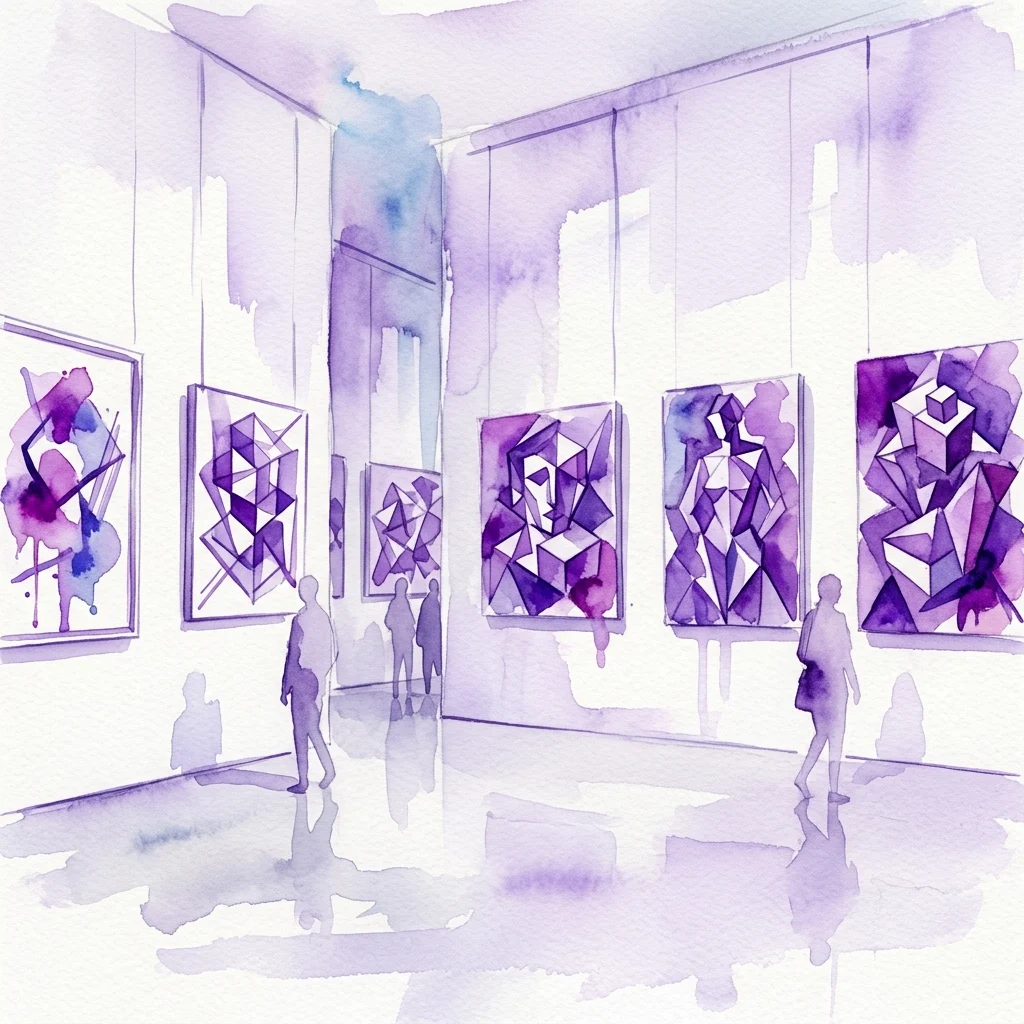 Ilustracja akwarelowa przestrzeni galerii prezentującej dzieła kubistyczne o geometrycznych kształtach i fragmentarycznych perspektywach, wystawione na białych ścianach, z odwiedzającymi obserwującymi kolekcję.