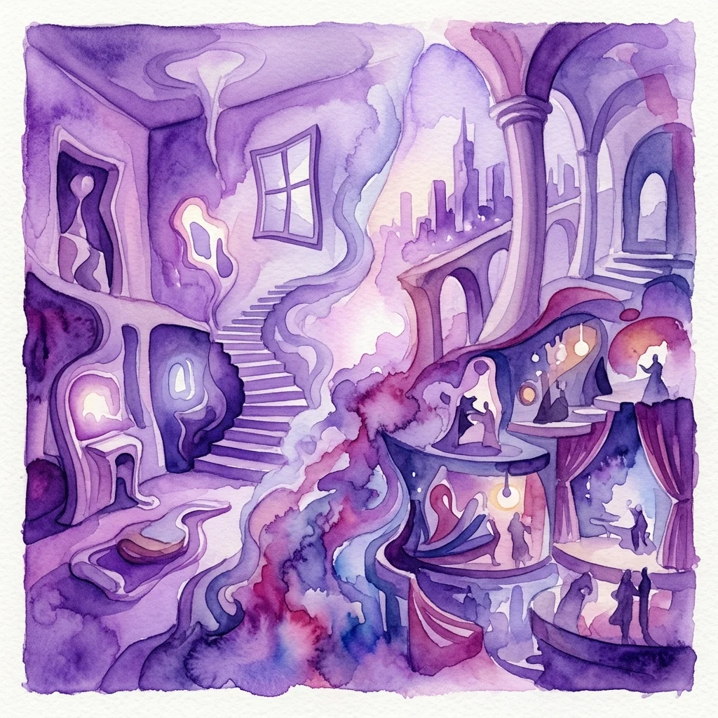 Una pintura surrealista de acuarela en tonos púrpuras, que representa un interior onírico con arquitectura distorsionada, escaleras y figuras en escenarios teatrales, evocando una sensación de memoria fragmentada y absurdo.