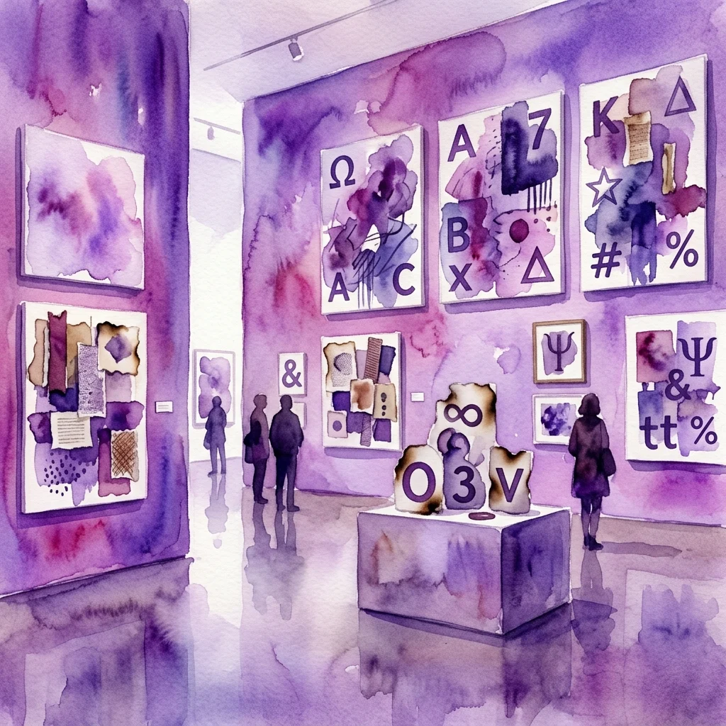 Una galería de arte con paredes moradas que exhibe collages quemados y objetos con letras, números y símbolos de Eduard Ovčáček.