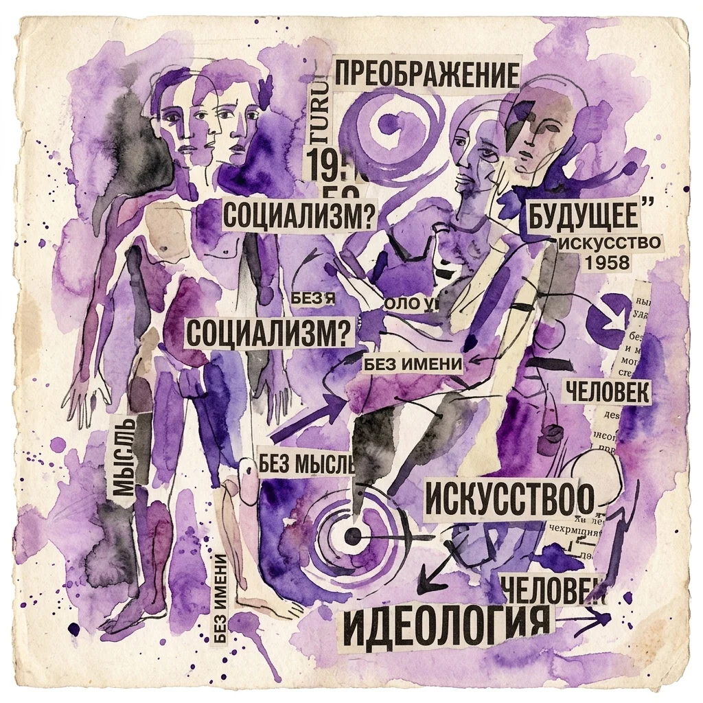 Een surrealistische collage van Eduard Ovčáček met vervormde menselijke figuren, gefragmenteerde Russische tekst en paarse aquarelwashes, die thema's van ideologie en sociaal commentaar uit de jaren 70-90 weerspiegelen.