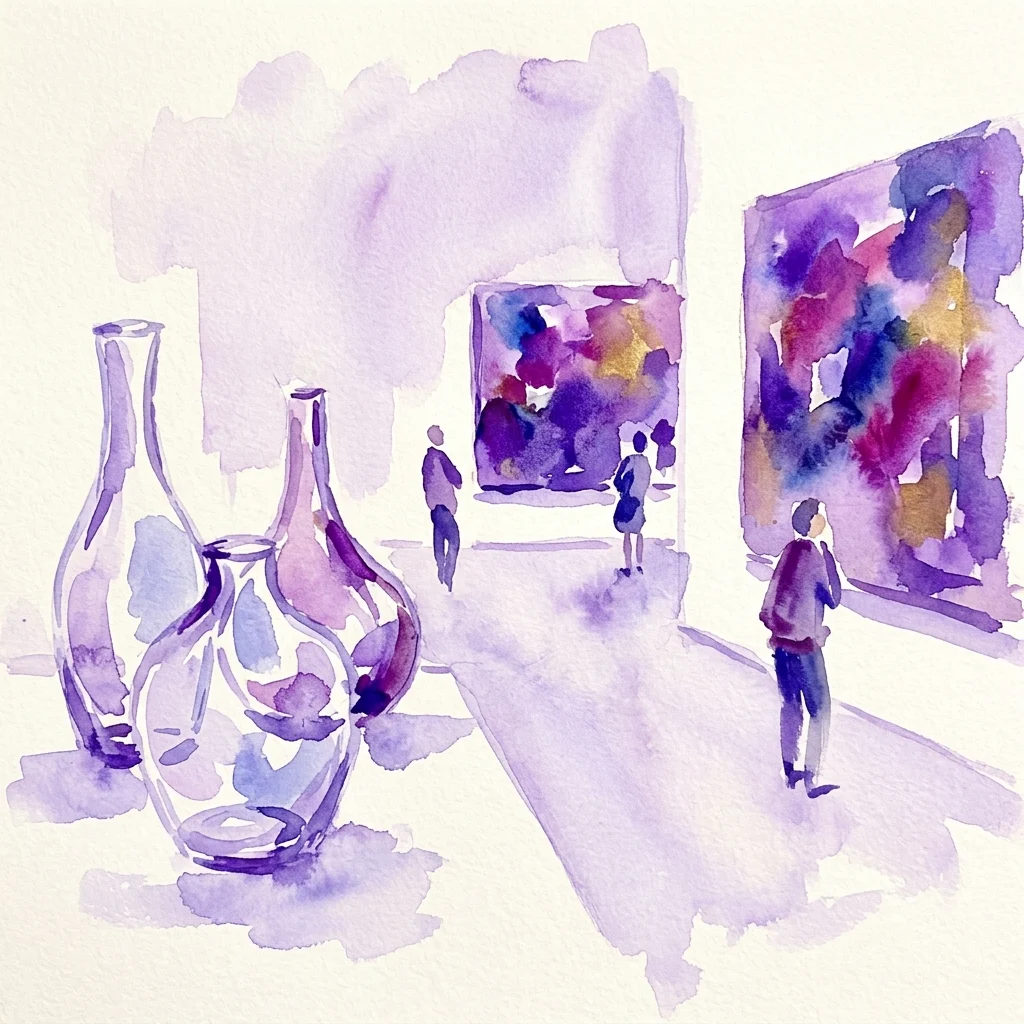 Waterverfillustratie van een museumgalerij met glassculpturen en abstracte schilderijen, met bezoekers die het kunstwerk in een contemplatieve sfeer observeren.