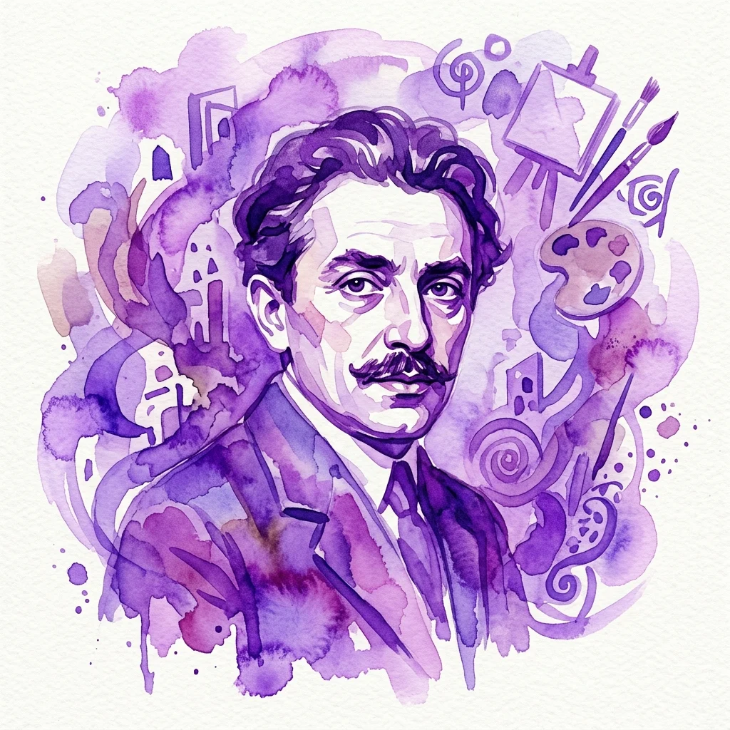 Watercolor portrait of Emil Filla with purple hues, surrounded by artistic symbols like paintbrushes, an easel, and a palette, representing his role in Czech modernism and Surrealism.