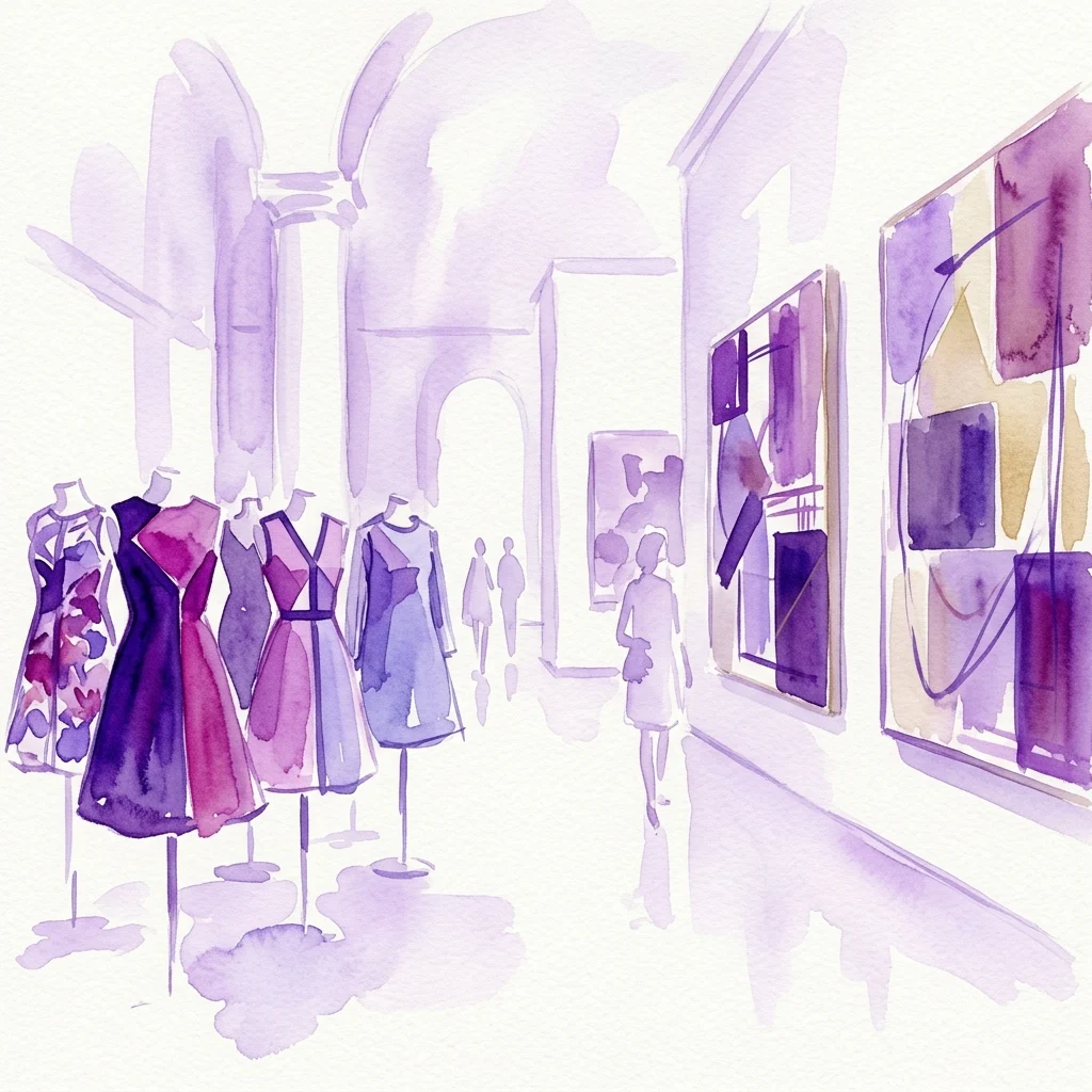 Ilustracja akwarelowa galerii muzealnej prezentującej zabytkowe suknie haute couture z lat 60. na manekinach obok współczesnych dzieł sztuki, nawiązująca dialog między modą a sztuką.