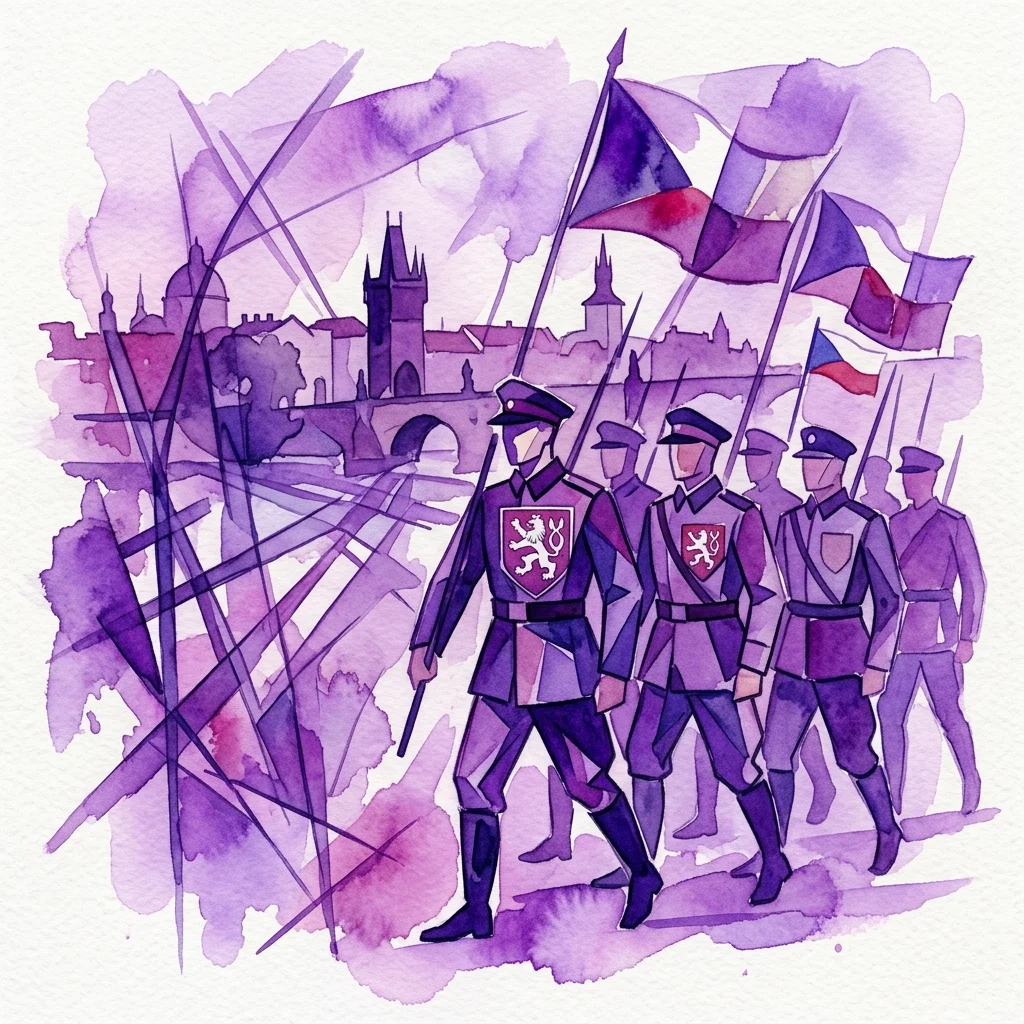 Artystyczna ilustracja akwarelowa żołnierzy w czechosłowackich mundurach z początku XX wieku z emblematami lwów, maszerujących z flagami na tle Mostu Karola i panoramy Pragi, wykonana w odcieniach fioletu.