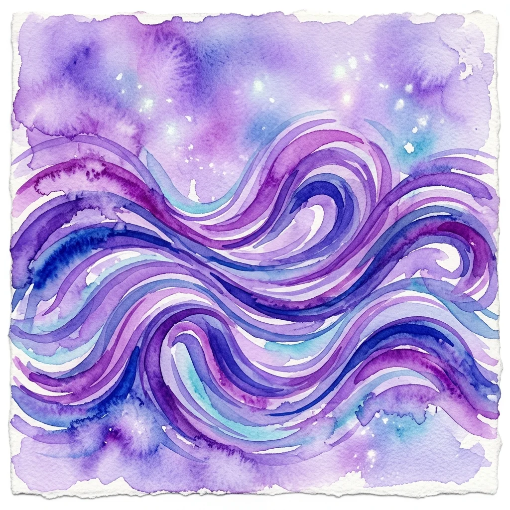 Obra de arte abstracta en acuarela en tonos púrpuras y azules, que representa olas fluidas y efectos de luz cósmica, inspirada en 'Moving Blues' de František Kupka y la abstracción temprana.