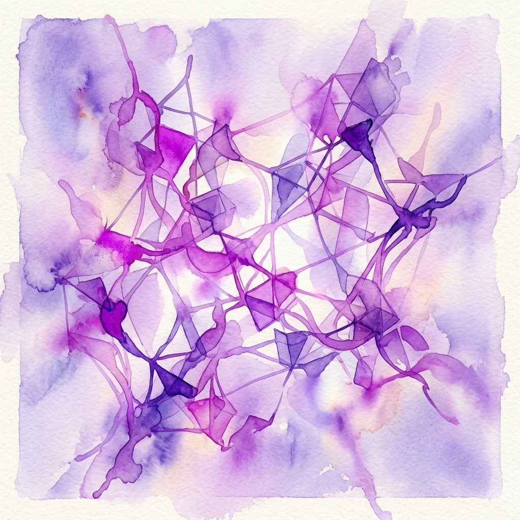 Obra de arte abstracta en acuarela en tonos púrpuras y lavanda, con una compleja red de líneas intersecantes y formas geométricas, que recuerda la exploración del punto, la línea y el espacio de František Kyncl.